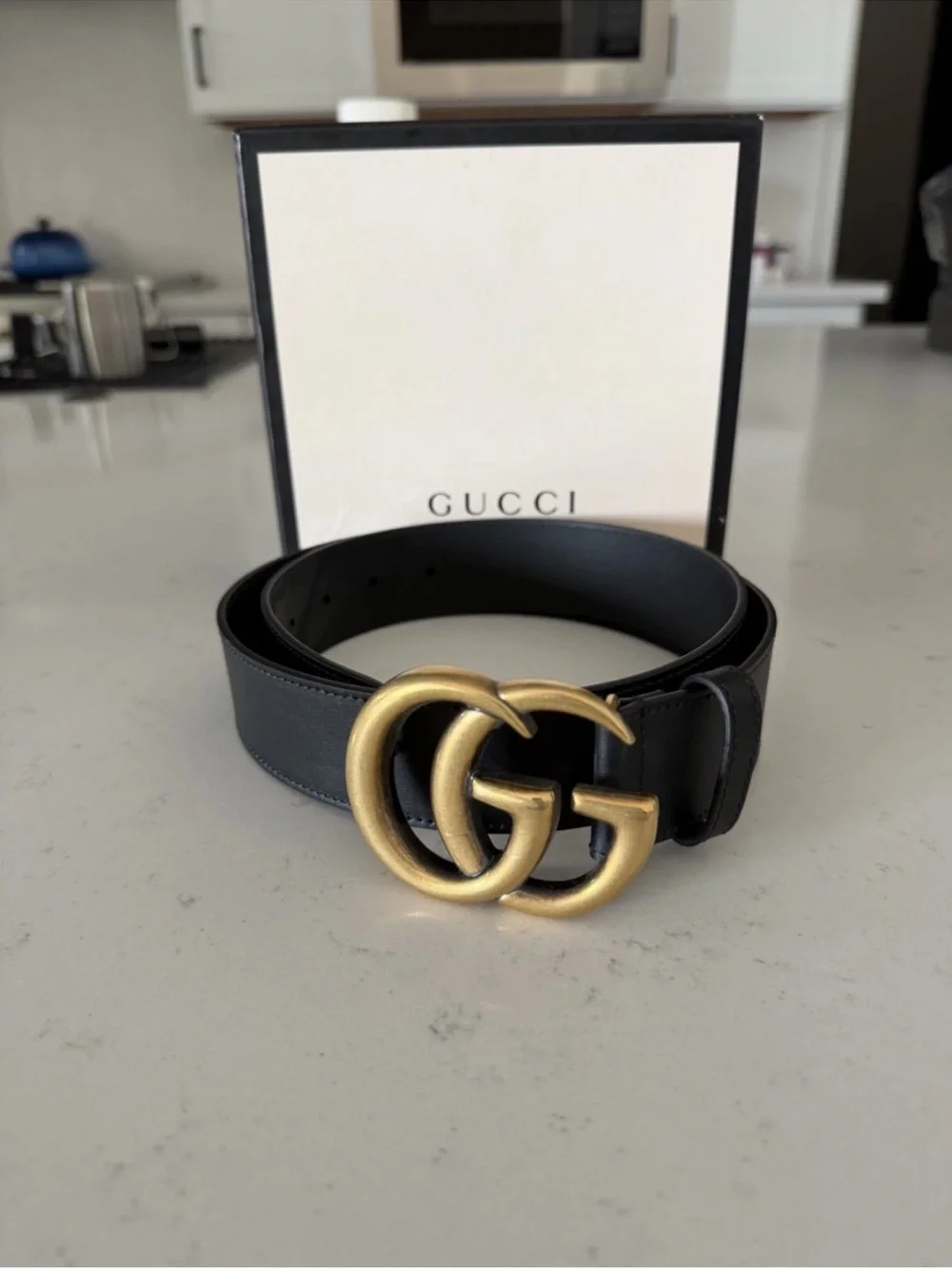 Gucci Black Leather Belt with Gold Double G Buckle